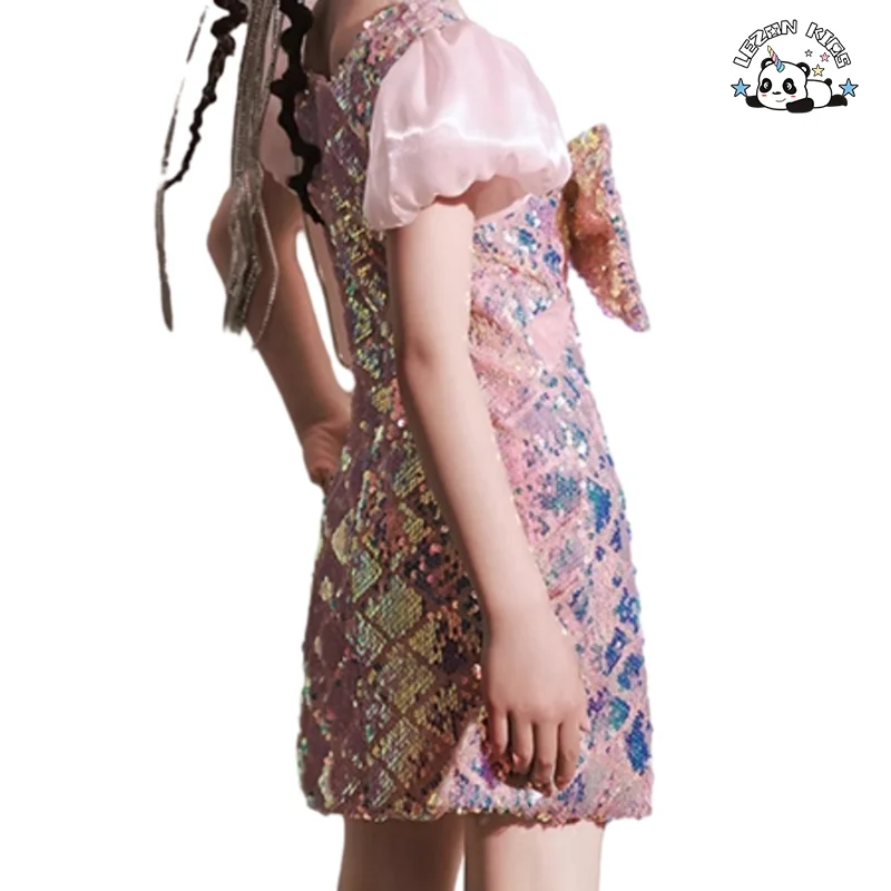 LEZONKIDS - Customizable New Arrival Children's Summer Sequin Party Dress High End Puff Sleeves Girls Dress